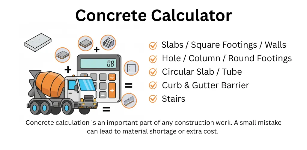 How Much Concrete Do I Need?,
Concrete Calculator app helps you estimate concrete for slabs, footings, walls, columns, and stairs in just a few steps.